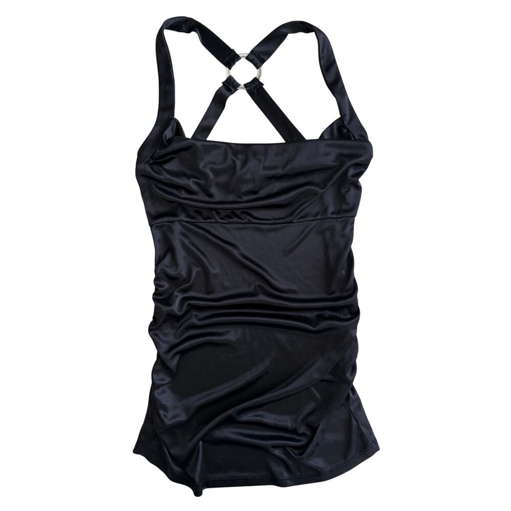 vintage y2k rhapsody black satin o-ring halter top ruched clubwear